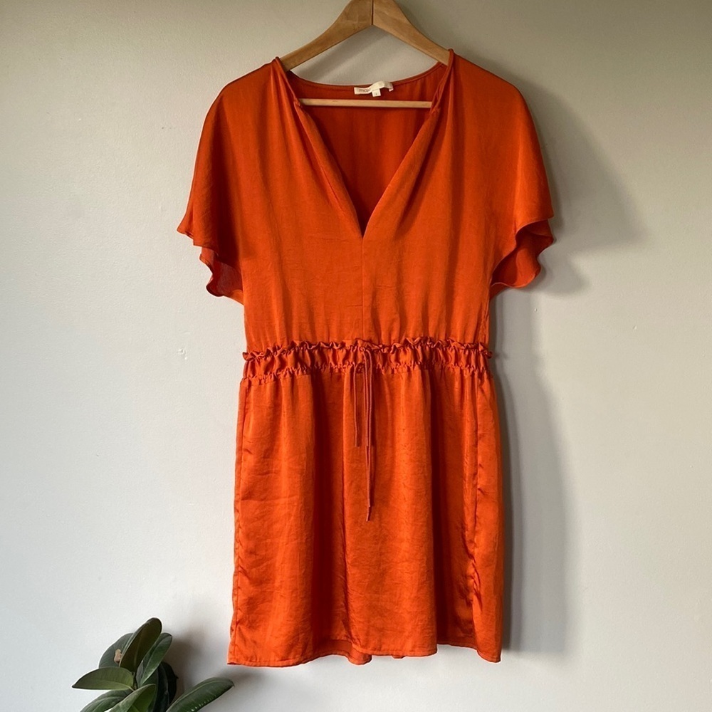MAJE Orange Dress Women's Small Shirred Waist Short Sleeve Mini